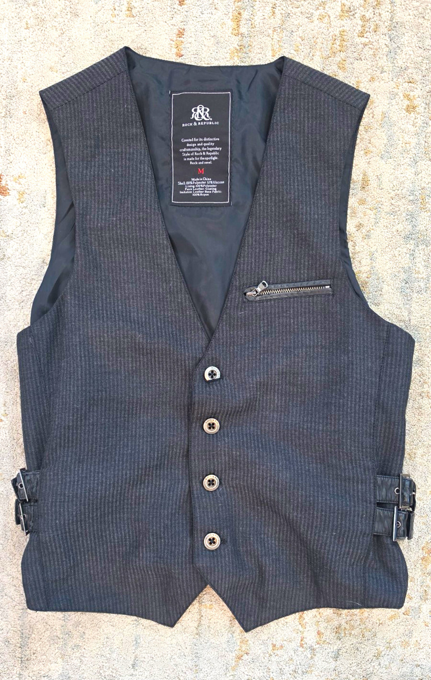 Rock & Republic Men's Gray Striped Vest Waistcoat M Button Front Side Buckles